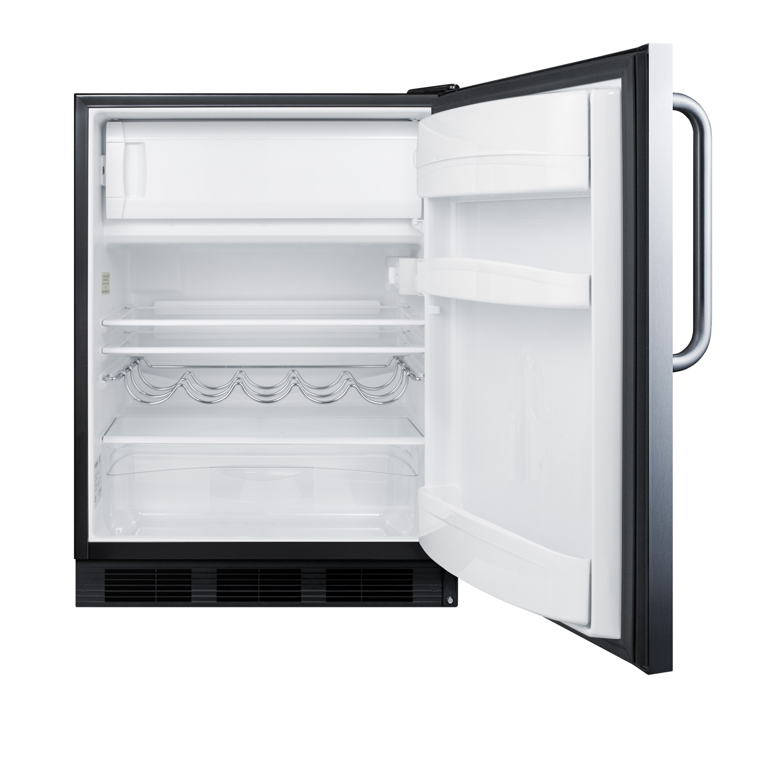 ADA compliant built-in undercounter refrigerator-freezer for residential use, cycle defrost w/deluxe interior, SS door, TB handle, and black cabinet